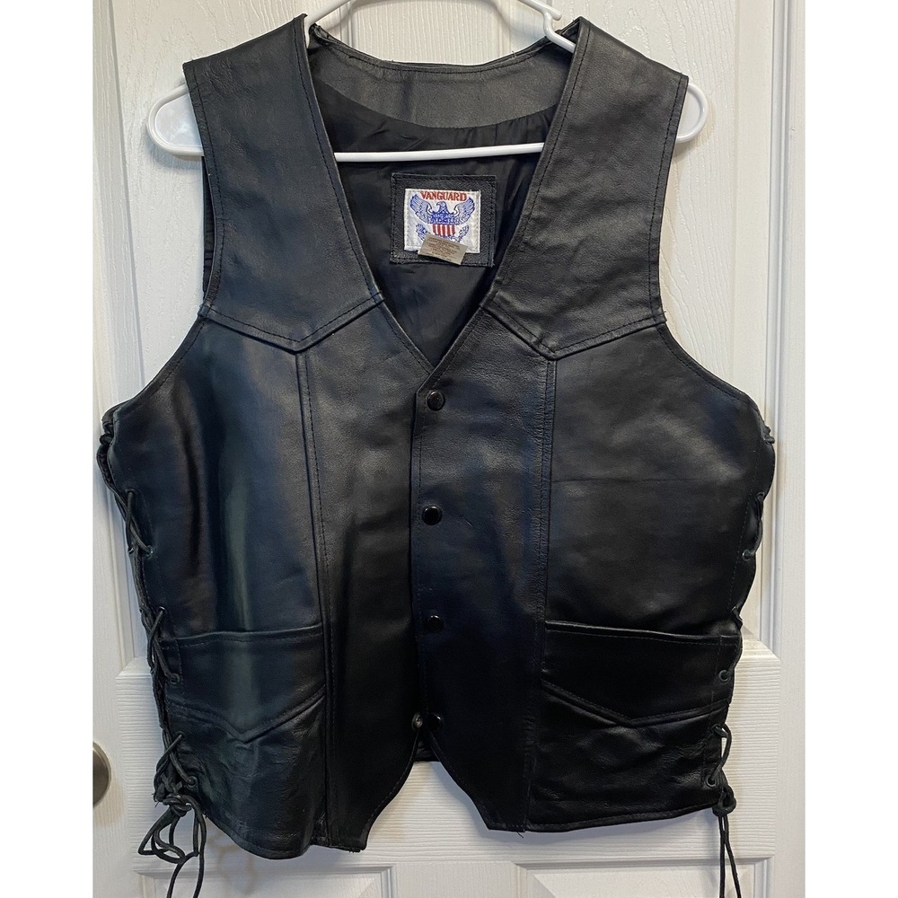 Vanguard‎ Men's Vintage Black Leather Biker Vest Side Ties Motorcycle Sz. M